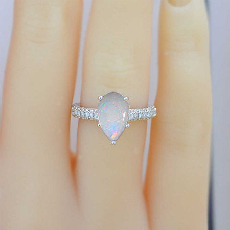 3 Carat Pear Cut Genuine White Opal Hidden Halo Gold Engagement Ring