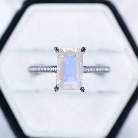 4ct Emerald Cut Genuine moonstone Black Gold Engagement Ring