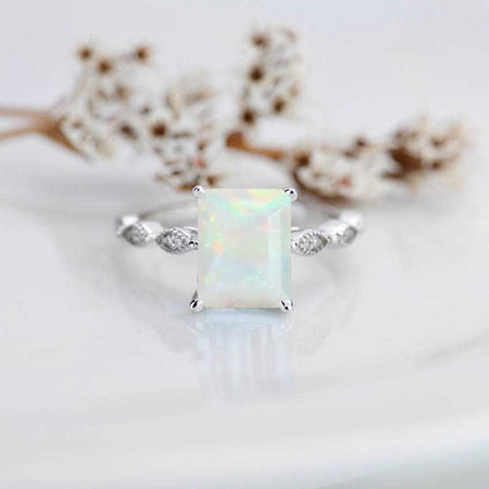 3 Carat Emerald Cut Genuine White Opal Luxury Vintage Ring