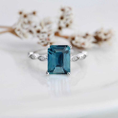 3 Carat Emerald Cut Teal Sapphire Luxury Vintage Ring