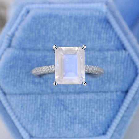 5ct Emerald Shaped Step Cut Natural Moonstone Ring, 5 Carat Natural Moonstone Engagement Ring, Natural Moonstone Pave Accent Stones Hidden Halo Ring