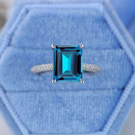 5ct Emerald Shaped Step Cut Cornflower Sapphire Ring, 5 Carat Cornflower Sapphire Engagement Ring, Cornflower Sapphire Pave Accent Stones Hidden Halo Ring