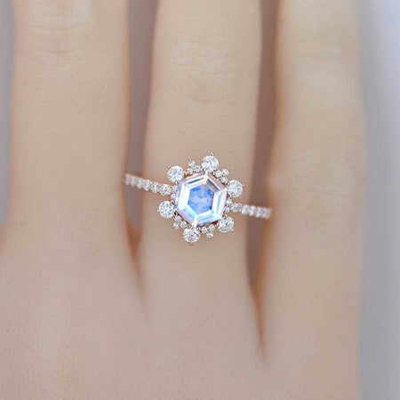 3 Carat Hexagonal Natural Moonstone Snowflake Halo Engagement Ring. Victorian 14K Rose Gold Ring