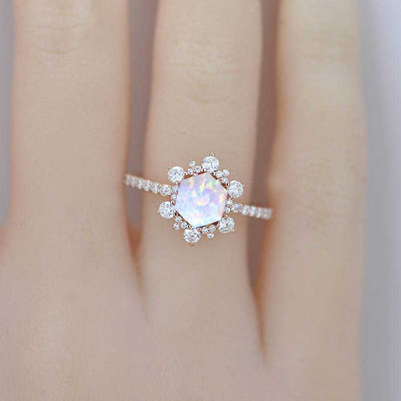 3 Carat Hexagonal Genuine White Opal Snowflake Halo Engagement Ring. Victorian 14K Rose Gold Ring