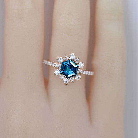 3 Carat Hexagonal Cornflower Sapphire Snowflake Halo Engagement Ring. Victorian 14K Rose Gold Ring