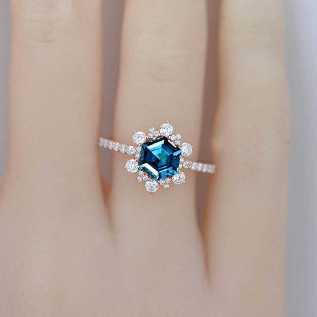 Luxury 3 Carat Hexagonal Cornflower Sapphire Snowflake Halo Engagement Ring. Victorian 14K White Gold Ring