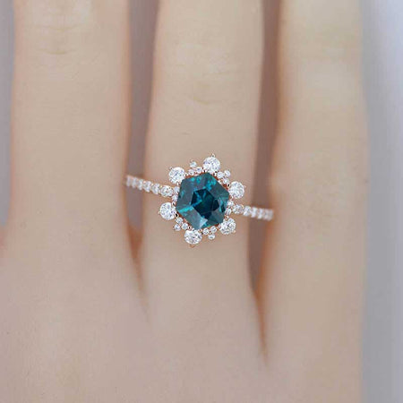 Luxury 3 Carat Hexagonal Teal Sapphire Snowflake Halo Engagement Ring. Victorian 14K White Gold Ring