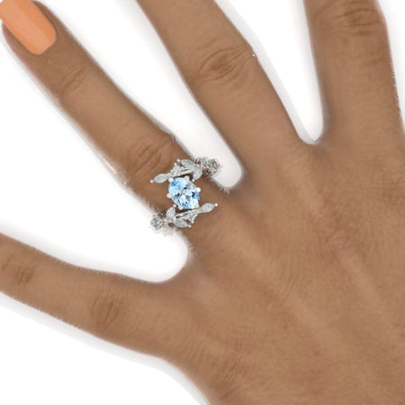 1.5 Carat Oval Genuine Natural Aquamarine Floral 14K White Gold Engagement  Ring