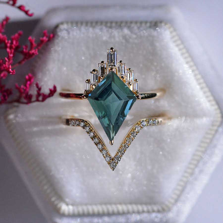 4 Carat Teal Sapphire Kite Shape Step Cut, Teal Sapphire Halo Gold Engagement Ring, Eternity Ring Set