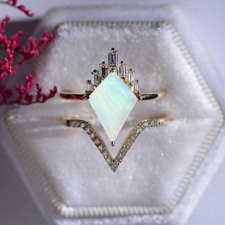 4 Carat Genuine White Opal Kite Shape Step Cut, Genuine White Opal Halo Gold Engagement Ring, Eternity Ring Set