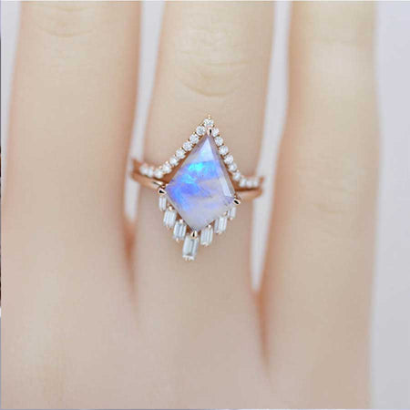 14K Gold 5 Carat Kite Genuine moonstone Halo Engagement Ring, Eternity Ring Set. Fairy Tale Nontraditional Ring