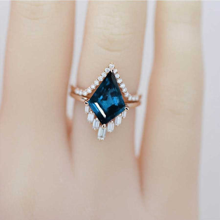 14K Gold 5 Carat Kite Cornflower Sapphire Halo Engagement Ring, Eternity Ring Set. Fairy Tale Nontraditional Ring