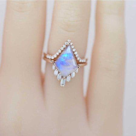 14K Gold 5 Carat Kite Natural Moonstone Halo Engagement Ring, Eternity Ring Set. Fairy Tale Nontraditional Ring