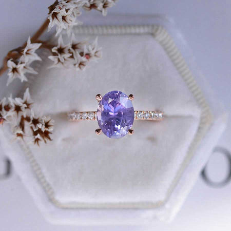 3 Carat Carat Oval Purple Sapphire Ring, Hidden Halo Rose Gold Engagement Ring