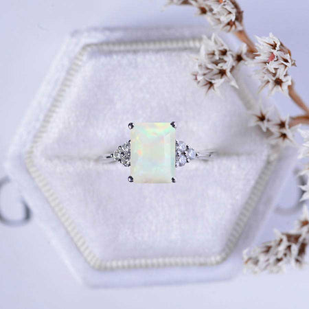 3Ct Emerald Shape Step Cut Genuine White Opal Gold Engagement Ring