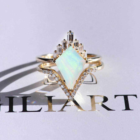 14K Gold 4 Carat Kite Genuine White Opal Halo Engagement Ring, Eternity Ring Set