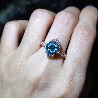 3 Carat Round  Cornflower Sapphire Halo Gold Engagement Ring