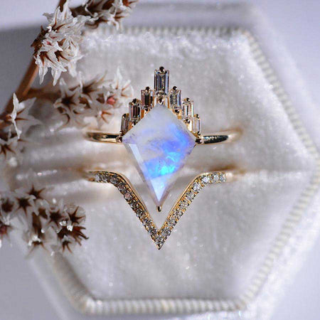 14K White Gold 4 Carat Kite Natural Moonstone Halo Engagement Ring, Eternity Ring Set