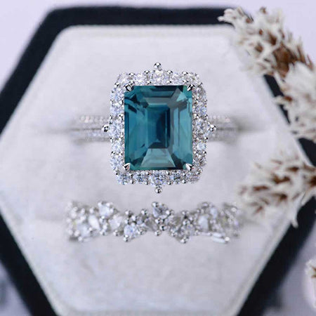 4Ct Teal Sapphire Engagement Ring Halo Emerald Cut Teal Sapphire Engagement Ring