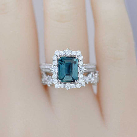 2Ct Teal Sapphire Engagement Ring Halo Emerald Cut Teal Sapphire Engagement Ring, 8x6mm Step Cut Teal Sapphire Engagement Ring with Eternity Band