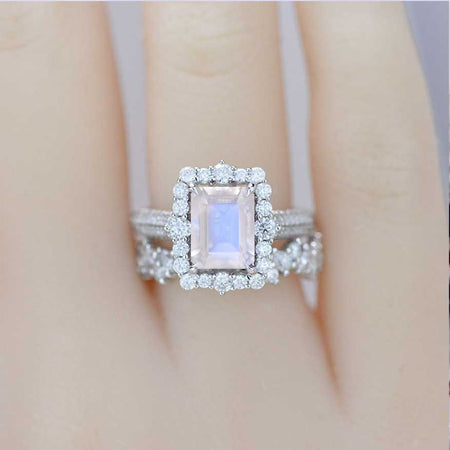 3 Carat Genuine moonstone Engagement Ring Halo Emerald Cut Genuine moonstone Nontraditional Engagement Ring, 9x7mm Step Cut Genuine moonstone Fairy Engagement Ring with Eternity Band