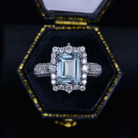 4Ct Genuine Natural Aquamarine Engagement Ring Halo Emerald Cut Genuine Natural Aquamarine Engagement Ring