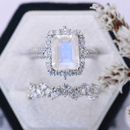 4Ct Genuine moonstone Engagement Ring Halo Emerald Cut Genuine moonstone Engagement Ring, 10x8mm Step Cut Genuine moonstone Engagement Ring with Eternity Band