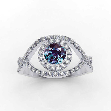 1.0 Carat Alexandrite Diamond Halo Engagement Ring 14K White Gold I 0.3 CTW