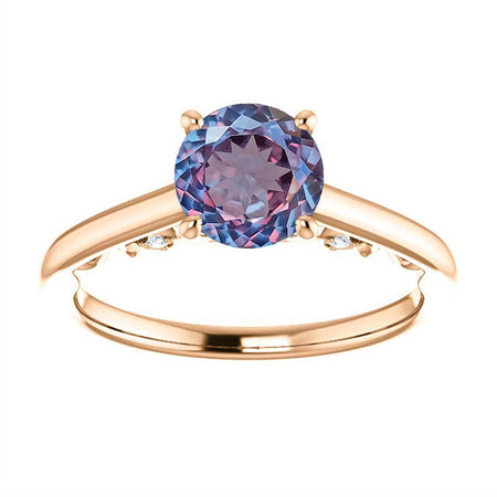 14K Rose Gold  6.5 mm Round Forever One Portuguese Cut Alexandrite .03 CTW Diamond Engagement Ring