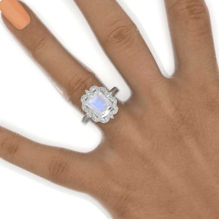 2 Carat Genuine moonstone Emerald Cut Halo White Gold Engagement  Ring