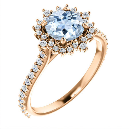 14K Gold Genuine Natural Aquamarine  Round 1/3 CTW Diamond  Engagement Ring