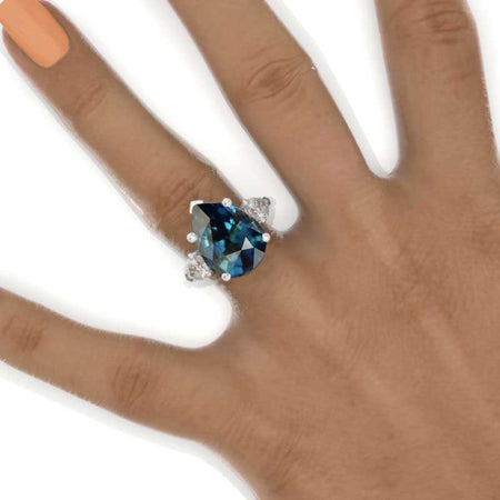 5.5 Pear Cut Tri-Stone Teal Sapphire White Gold Engagement Ring