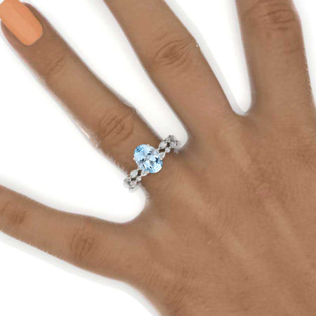 14K White Gold 2 Carat Oval Natural Aquamarine Vintage Engagement Ring, Eternity Ring Set