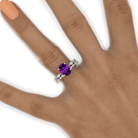 14K White Gold 2 Carat Oval Natural Amethyst Vintage Engagement Ring, Eternity Ring Set