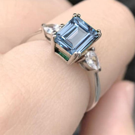 3Ct Emerald Cut Genuine Natural Aquamarine Stone 14K White Gold Ring