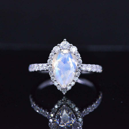 14K Solid White Gold 3 Carat Genuine moonstone Pear Cut Halo Genuine moonstone Ring