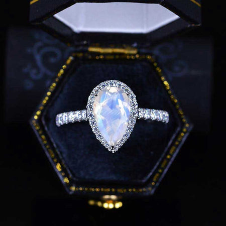 14K Solid White Gold 3 Carat Halo Pear Cut Natural Moonstone Ring