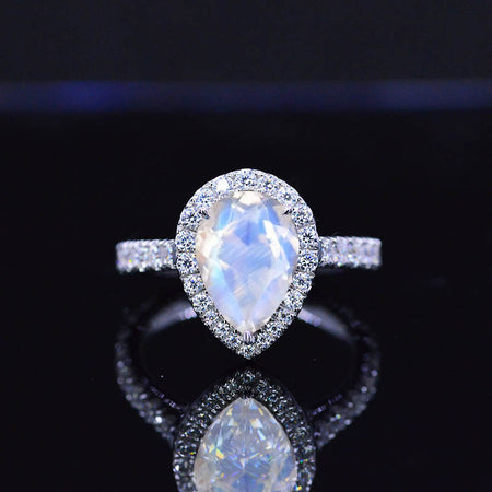 14K Solid White Gold 3 Carat Halo Pear Cut Genuine Moonstone Ring