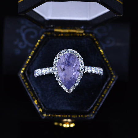 14K Solid White Gold 3 Carat Halo Pear Cut Lavender Purple Sapphire Ring