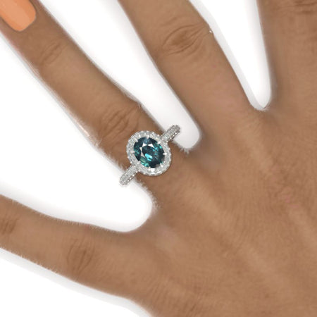 3 Carat Oval Cut Teal Sapphire Double Halo White Gold Engagement Ring