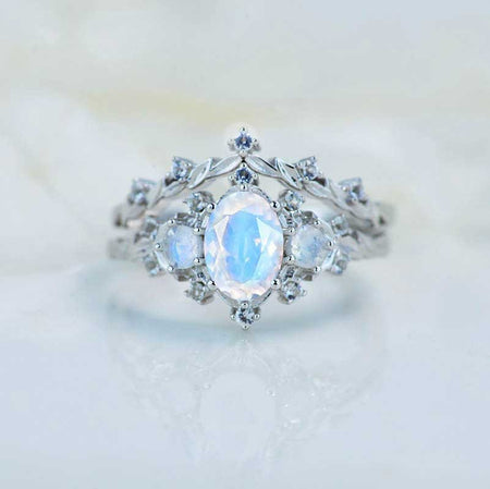 1 Carat Oval Genuine moonstone Halo 14K White Gold Floral Engagement Ring Set