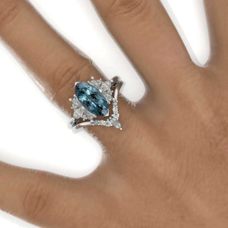 2 Carat Marquise Teal Sapphire 14K Solid Gold Ring Set 12x6mm Marquise Teal Sapphire Vintage Wedding Ring. Fairy Tail Engagement Ring Anniversary Ring, Marquise Side Stones Ring Set