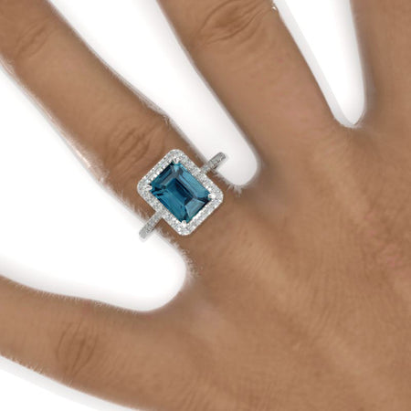 3 Carat  Emerald Cut Teal Sapphire Halo Engagement Ring