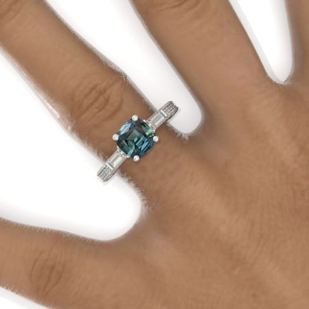 2 Carat Cushion Cut Vintage Style Teal Sapphire White Gold Engagement Ring