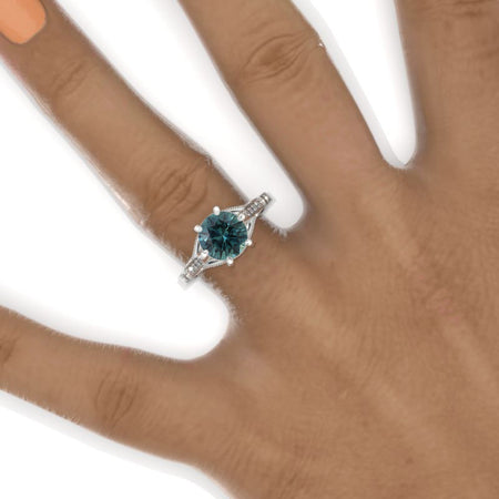 2 Carat Round Teal Sapphire Hidden Halo Victorian Style  Engagement Ring