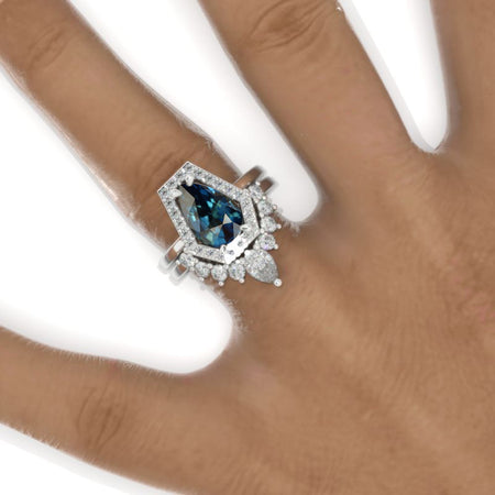 3 Carat Pear Ethically Teal Sapphire Halo Engagement Ring. Eternity Ring Set