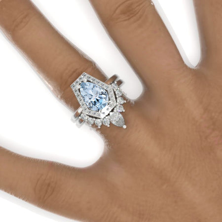 3 Carat Pear Genuine Aquamarine Halo Engagement Ring. Eternity Ring Set