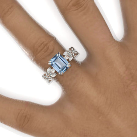 3 Emerald Cut Genuine Aquamarine White Gold Floral Engagement Ring