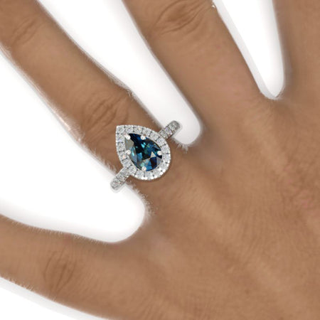 Luxury 3 Carat Pear Ethically LAB-Grown Teal Sapphire Halo Engagement Ring