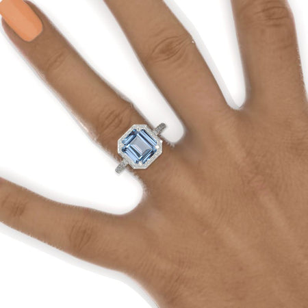 3 Carat Emerald Cut Halo Genuine Aquamarine White Gold Engagement Ring Set